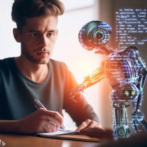 Stylised image of AI helping a Technical Writer write a Help page. Generated by Dalle-E