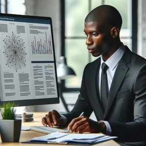 A policy and procedures writer, a Black man in his forties, focusing on a screen in a contemporary workspace.