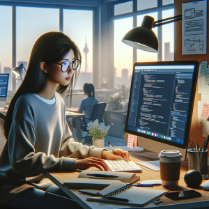 A developer reading online documentation. This scene captures the focused engagement of a young Asian woman, a developer, as she reads through technical documentation on her computer in a modern, well-lit office space