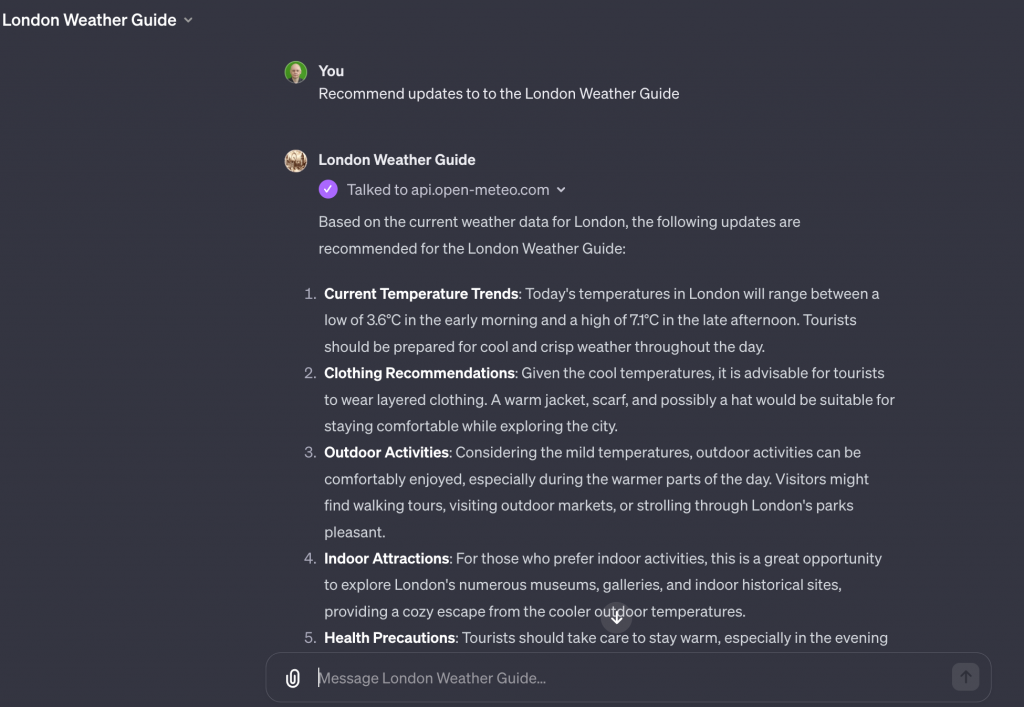 Screenshot of the recommendations from the London Weaterh Guide GPTs