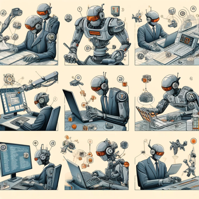 A detailed illustration showing different roles in a technical documentation project, each depicted as a specialized robot agent 